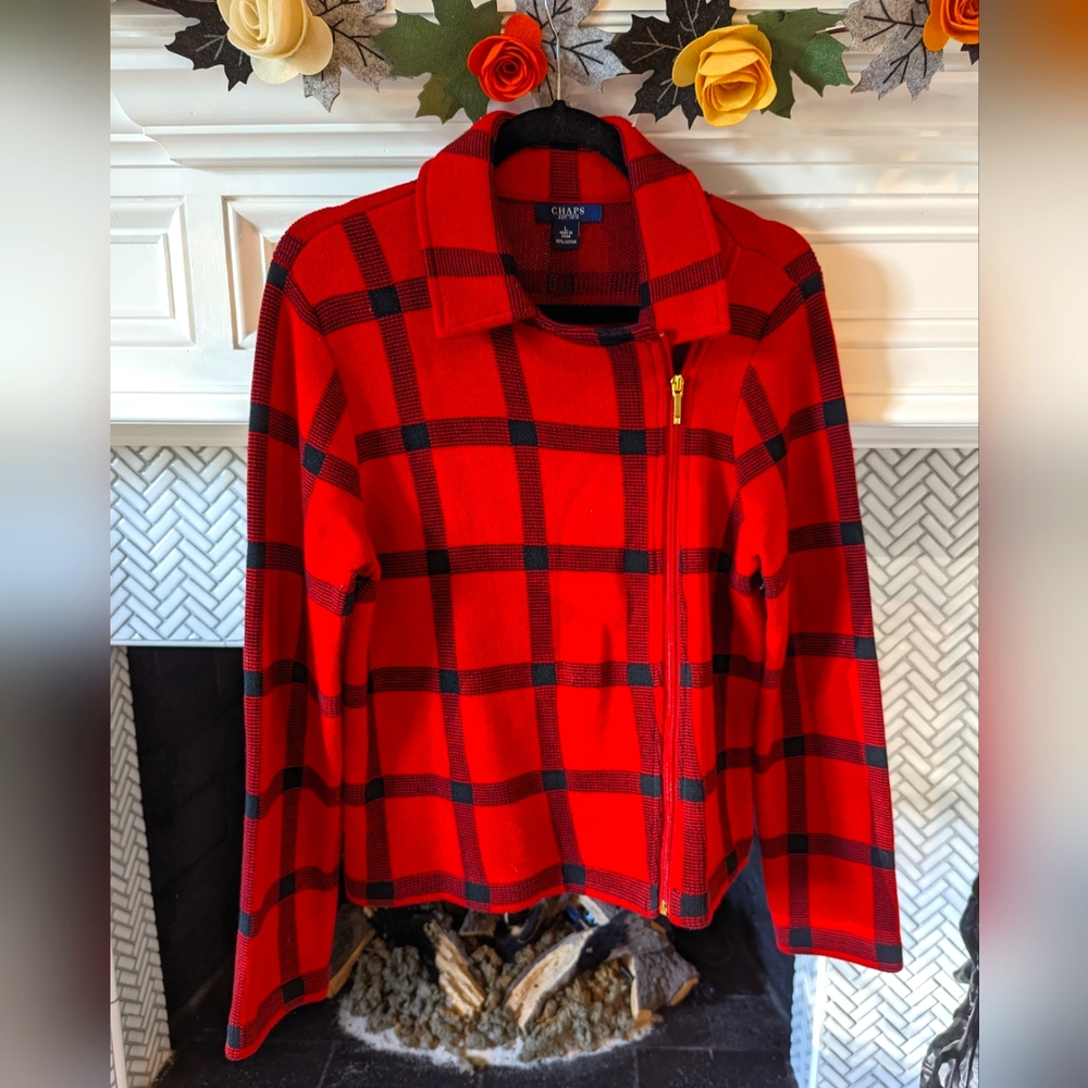 Chaps Plaid Motto Jacket Asymmetrical Zip Size Large